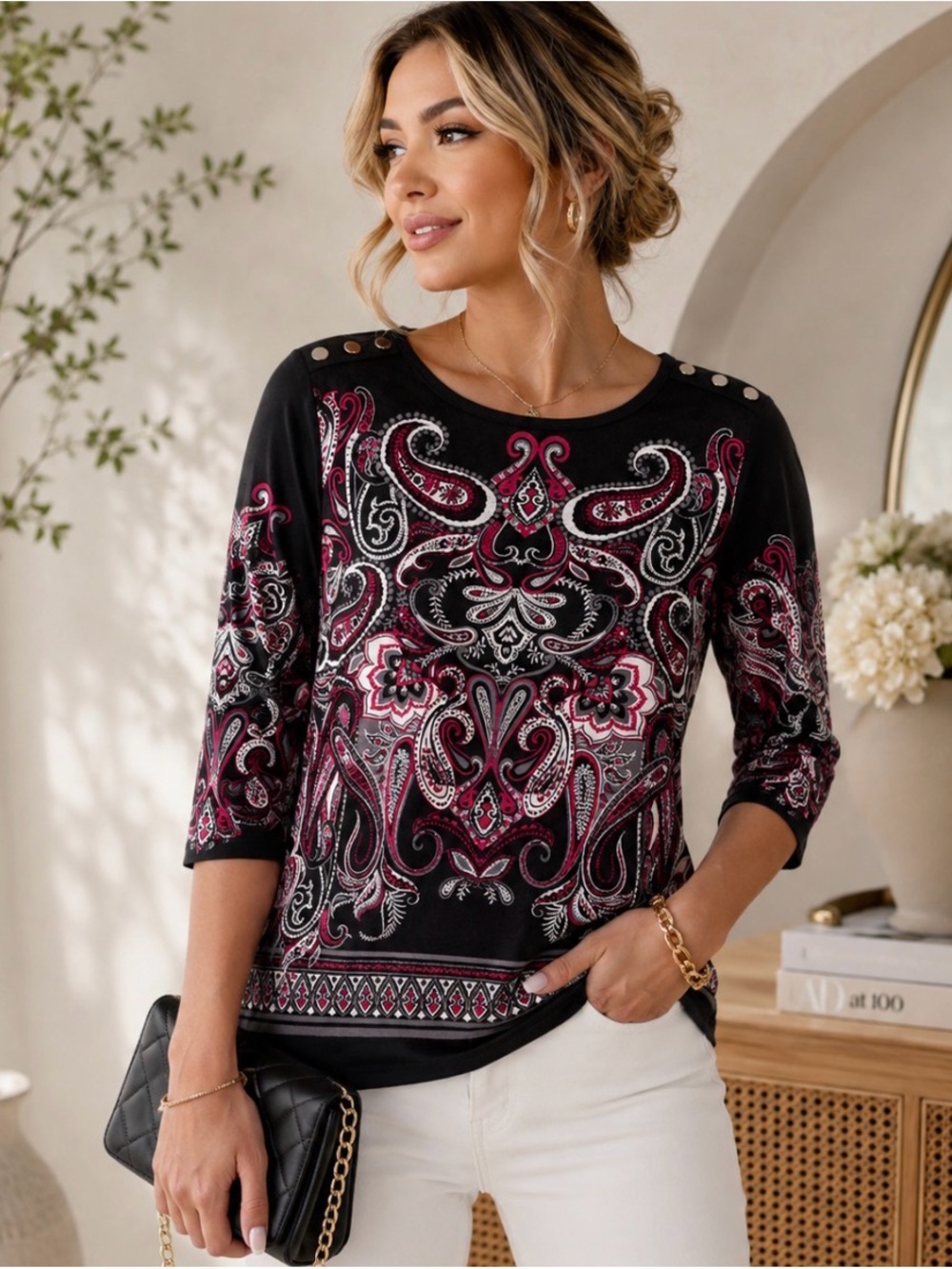 🌸🫶Rafaella Black Top with Pink Paisley Button-Shoulder Detail